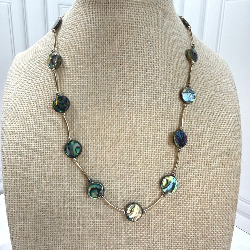 Sterling Silver 925 Abalone Shell Station Necklace Iridescent Bar Link